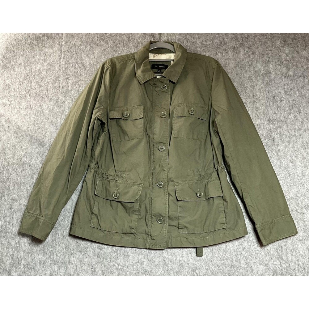 Talbots Jacket Womens Large Green Military Minimal Cotton Pockets Packable